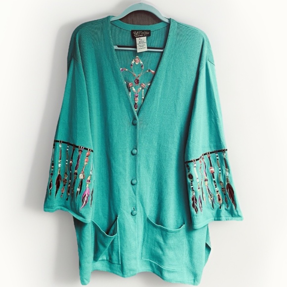 Bob Mackie Womens 3XL Green Embroidered Dream Catcher Button Cardigan Sweater - Picture 1 of 9